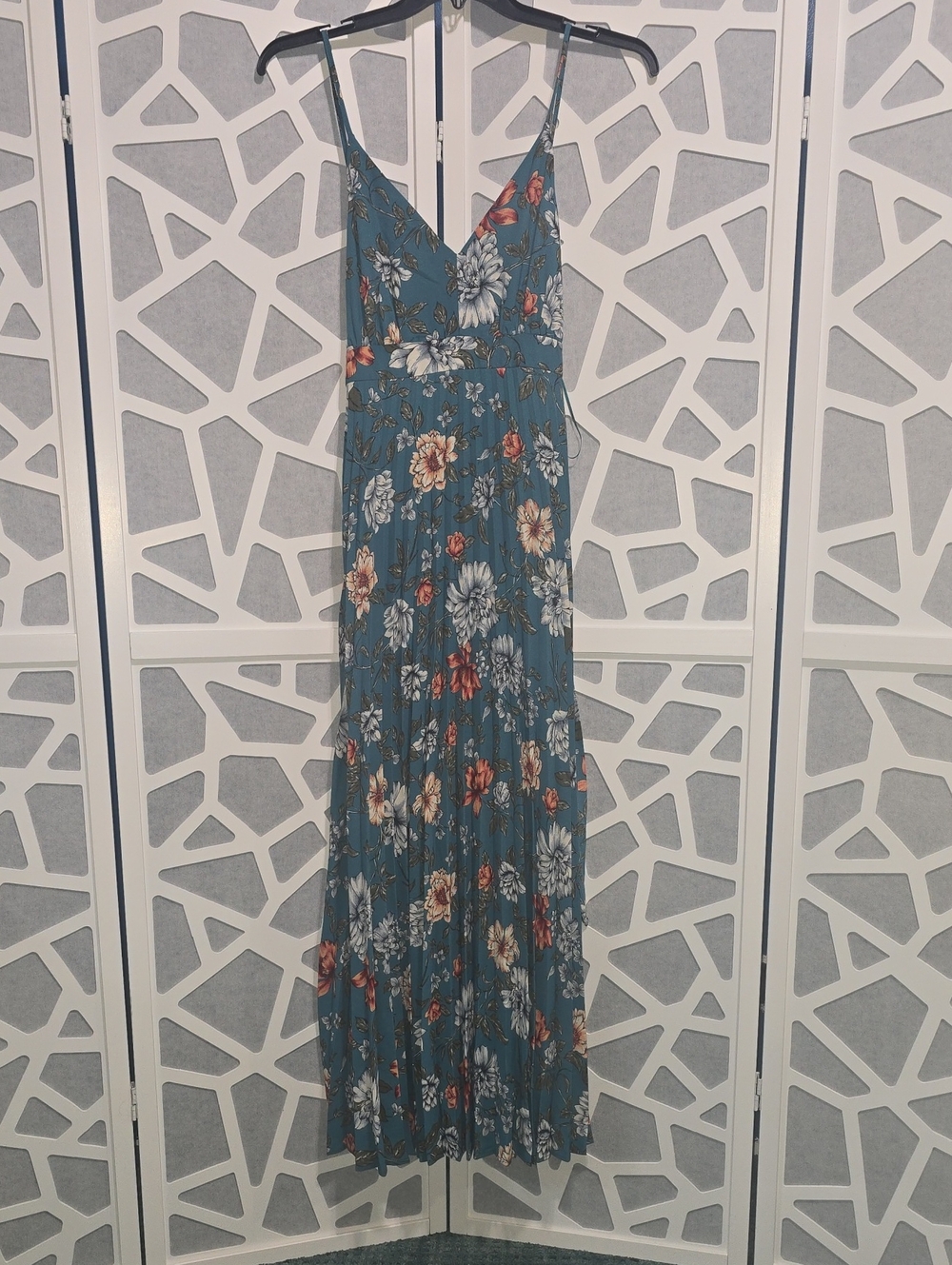 NWT Jessica Simpson Teal Green  Floral Maxi Dress Accordion Wedding Guest